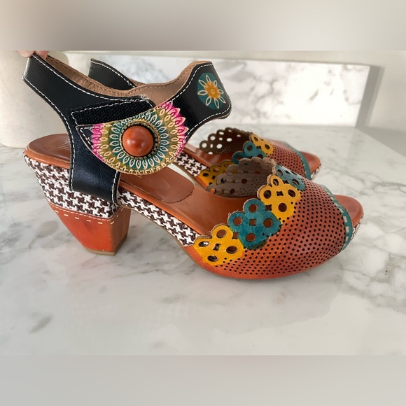 L’Artiste Spring Boho Step Leather Floral Heeled Sandals Artsy Jive Hippie 39 - Picture 3 of 9